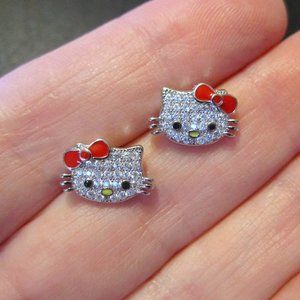 Hello Kitty Earrings Red Bow~Silver